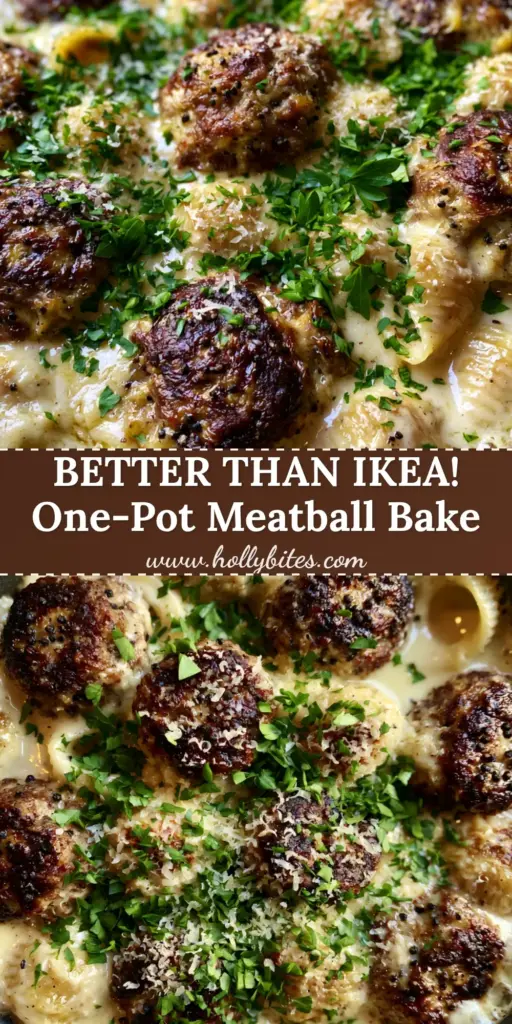 A high-angle photo of Swedish Meatball Pasta Bake in a matte charcoal dish with mahogany seared meatballs and ivory sauce.