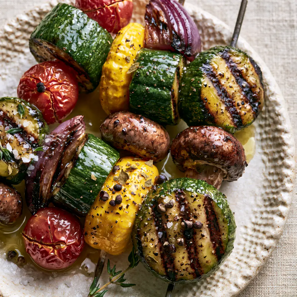 Close up of Grilled Veggie Skewers featuring blistered cherry tomatoes and roasted cremini mushrooms.