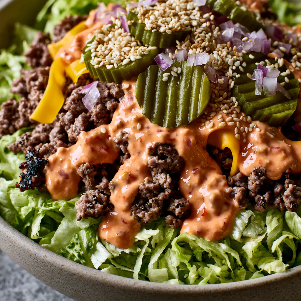 Burger Bowls: The Ultimate Big Mac Inspired Loaded Salad 1 A handheld smartphone style photo of burger bowls in a matte ceramic bowl with natural side lighting and toasted sesame seeds.