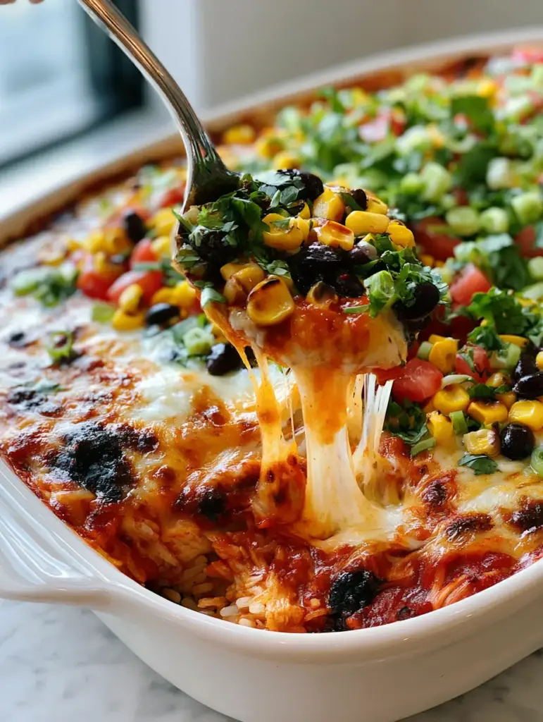 Mexican Chicken Casserole with Fluffy Rice and Charred Corn 1 A top-down view of a Mexican chicken casserole garnished with ruby-red tomatoes and emerald-green onions.