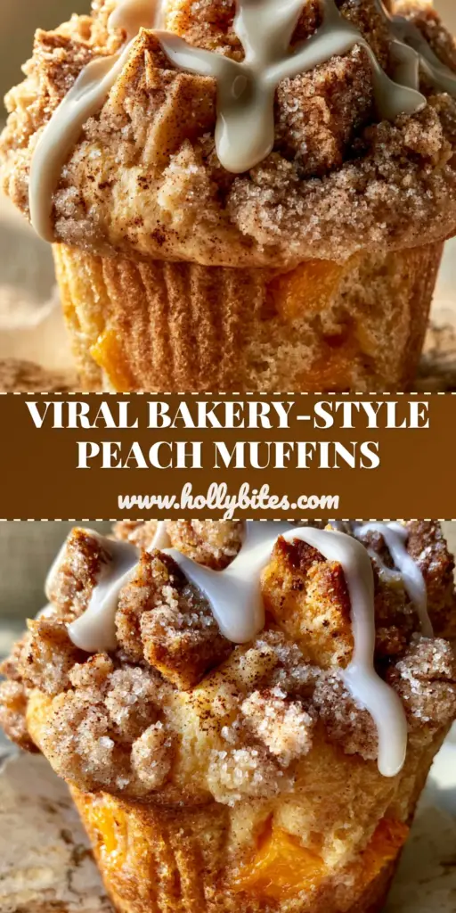 Peach Cobbler Muffins: The Ultimate Bakery-Style Recipe with Sour Cream and Cinnamon Streusel 4 A stack of bakery-style peach cobbler muffins with thick vanilla drizzle and heavy cinnamon streusel topping on parchment paper.