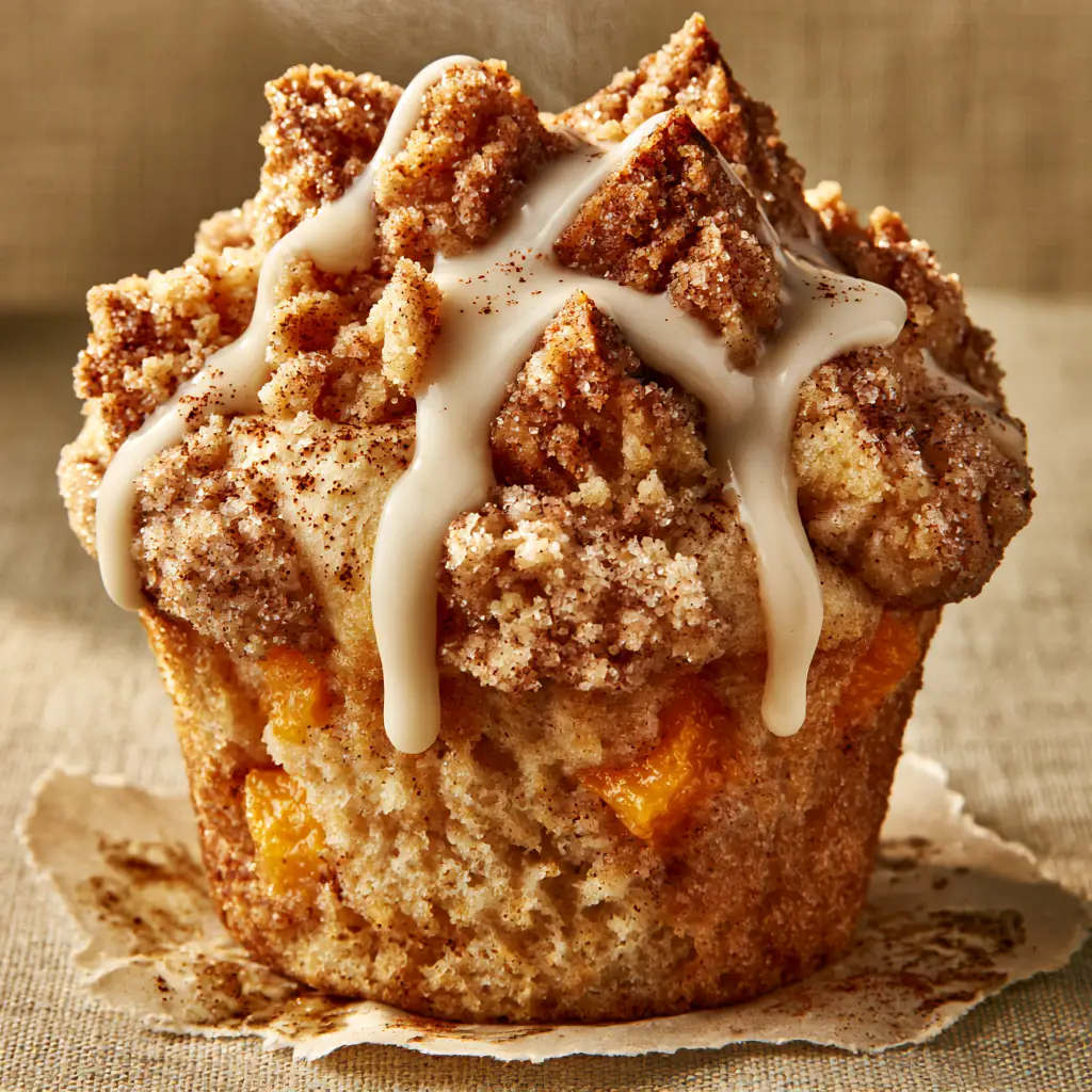 Peach Cobbler Muffins: The Ultimate Bakery-Style Recipe with Sour Cream and Cinnamon Streusel 2 Extreme macro close-up of a single peach cobbler muffin showing orange peach chunks and thick white vanilla icing drizzle.