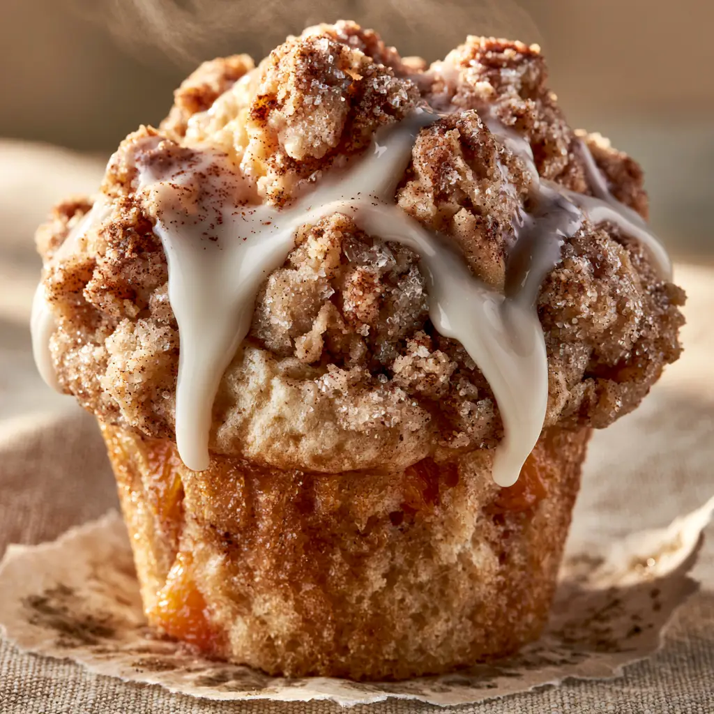 Peach Cobbler Muffins: The Ultimate Bakery-Style Recipe with Sour Cream and Cinnamon Streusel 1 Bakery-style peach cobbler muffin on grease-stained parchment with steam rising in soft morning sunlight.