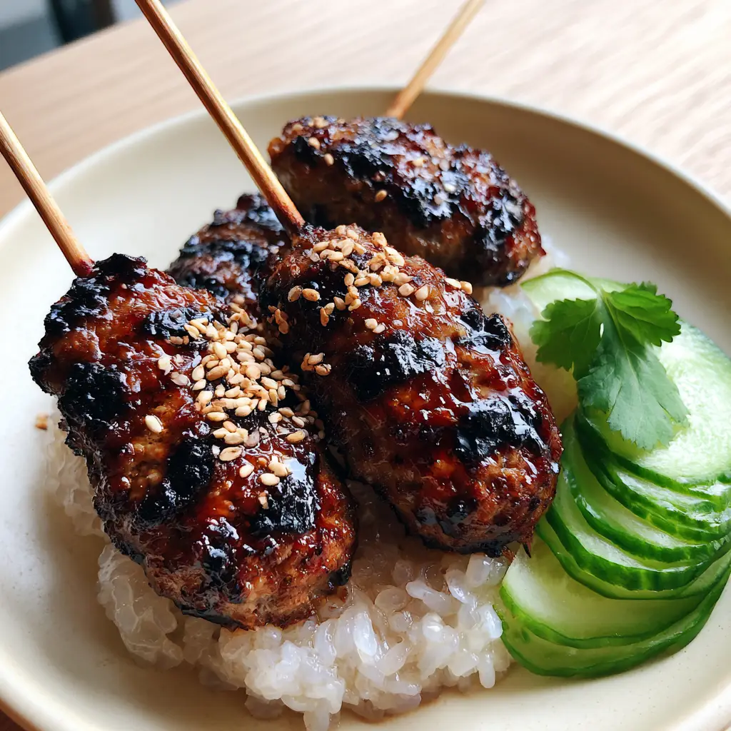 Thai-style ground pork skewers with Glossy Honey-Soy Glaze 1 Top-down view of three pork skewers on a matte cream plate with sticky rice and cucumbers. (Thai-style ground pork skewers)