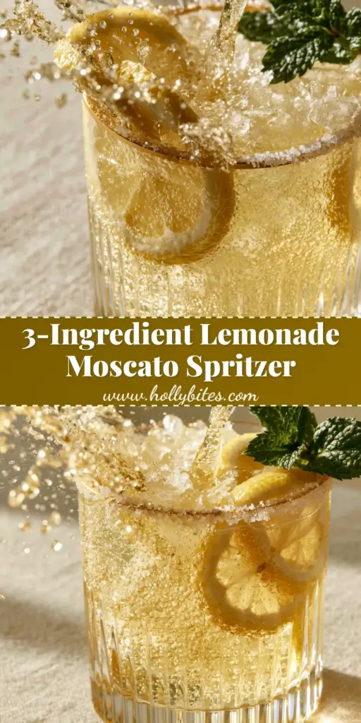 Lemonade Moscato Wine Spritzer: The Ultimate Fizzy Summer Refreshment 4 A premium Lemonade Moscato Wine Spritzer in a ribbed glass with a sugar rim and lemon wheels. (Lemonade Moscato Wine Spritzer)