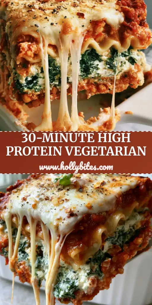 30-minute vegetarian meals: High-Protein Lentil and Spinach Skillet Lasagna 4 A gourmet high-protein vegetarian lasagna slice being lifted out of a white dish with a silver spatula, showing cheese strands and wavy noodles. (30-minute vegetarian meals)