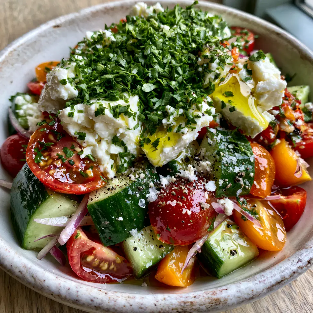 Close-up of Cucumber Onion Tomato Salad showing glistening heirloom tomatoes and translucent red onion slivers. (Cucumber Onion Tomato Salad)