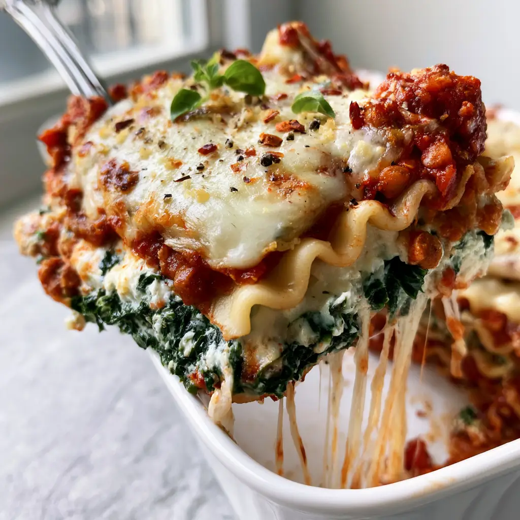 30-minute vegetarian meals: High-Protein Lentil and Spinach Skillet Lasagna 2 Close-up photo of a lasagna slice revealing layers of wavy pasta, spinach, kale, and chunky lentil marinara. (30-minute vegetarian meals)