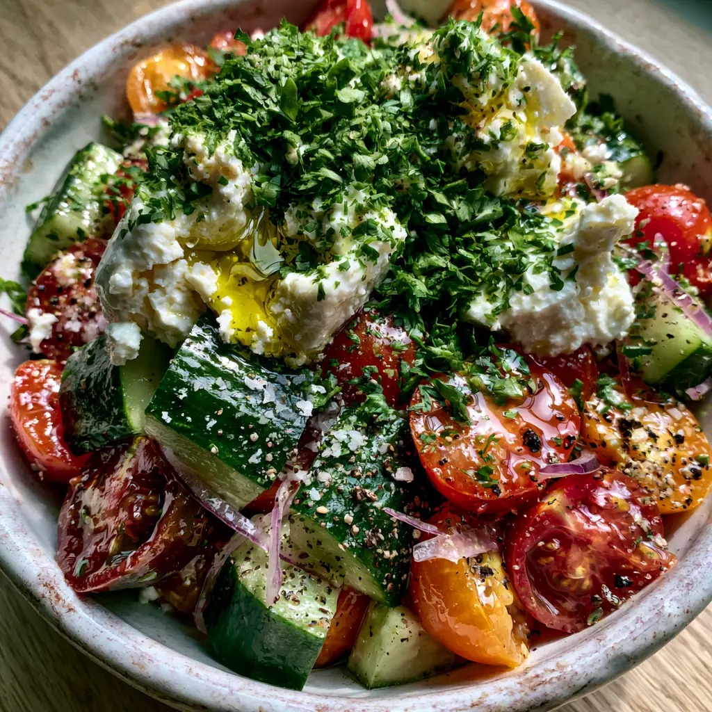 Cucumber Onion Tomato Salad with Creamy Feta and Fresh Parsley 1 Top-down view of a Cucumber Onion Tomato Salad highlighting the deep green cucumber skin and large feta crumbles.