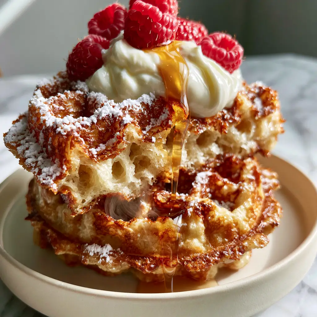 Close-up of Greek yogurt waffles showing crisp golden-brown pockets and a moist airy crumb interior with steam.