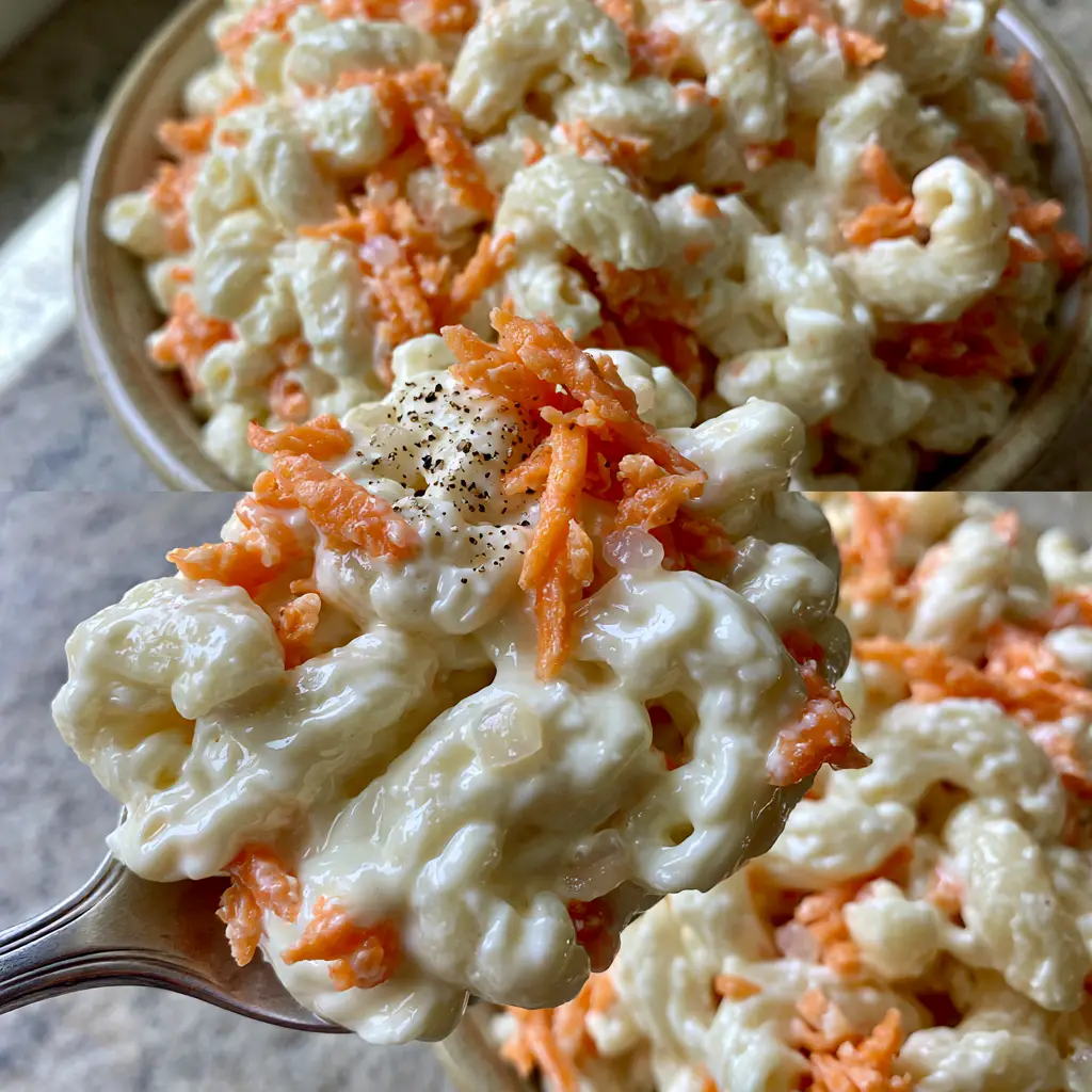 Vertical split-screen showing a bowl of Hawaiian Mac Salad on top and a close-up of a spoon scooping the creamy macaroni on the bottom.
