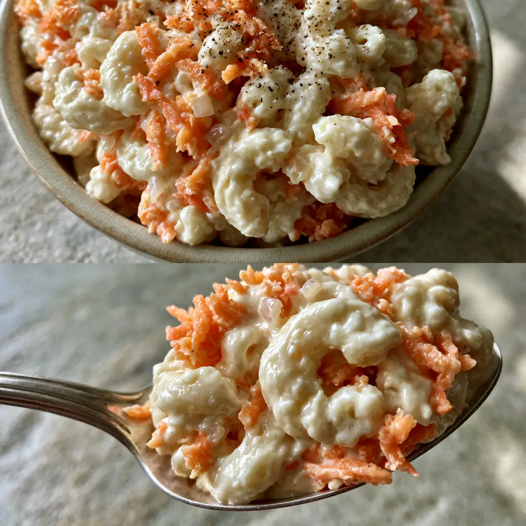 Hawaiian Mac Salad: The Authentic Creamy Island Plate Lunch Recipe 1 Extreme close-up of glossy white mayonnaise dressing clinging to elbow macaroni with visible shredded carrots and black pepper.
