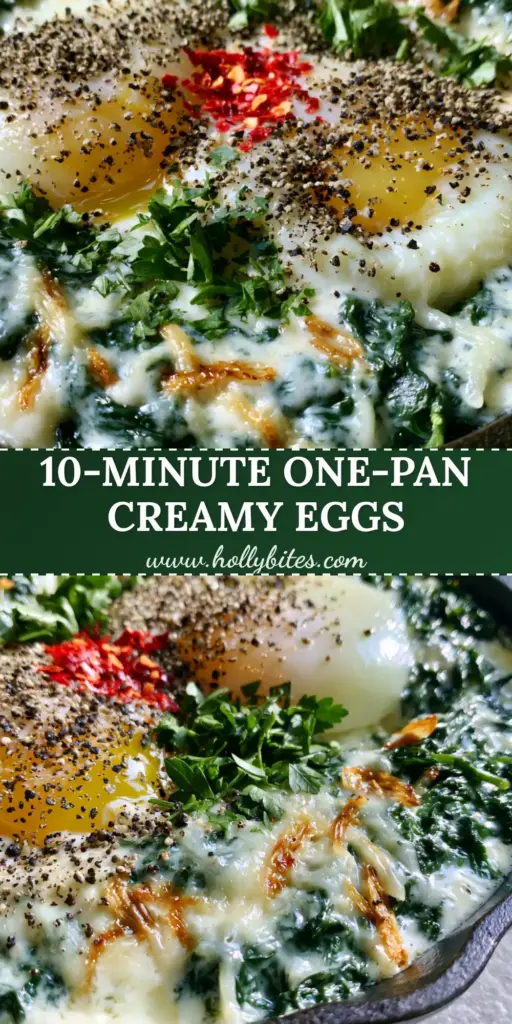Creamy Spinach and Eggs: The Ultimate One-Pan Skillet Breakfast 3 A rustic black cast iron skillet filled with creamy spinach and eggs, featuring runny golden yolks and fresh parsley garnish under natural morning sunlight.