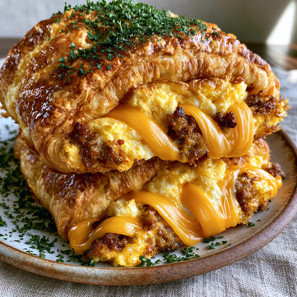 Sausage Egg and Cheese Roll-Ups: The Ultimate Flaky Breakfast Handheld 2 Extreme close-up of Sausage Egg and Cheese Roll-Ups showing buttery layers, fluffy eggs, and browned sausage. (Sausage Egg and Cheese Roll-Ups)