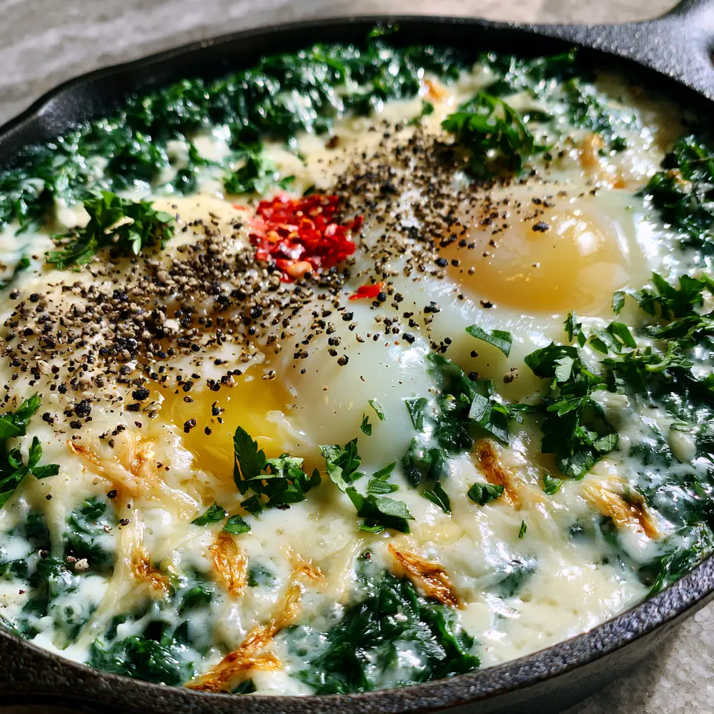 Extreme close-up of creamy spinach and eggs with visible parmesan strings and golden toasted garlic slivers.