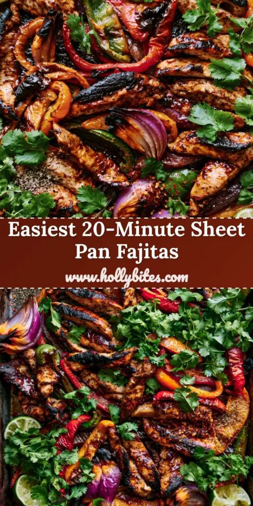 Sheet Pan Chicken Fajitas: The Ultimate Smoky One-Pan Dinner 4 A high-angle photo of sizzling Sheet Pan Chicken Fajitas with charred chicken strips, blistered bell peppers, and lime wedges on a rustic dark metal pan.