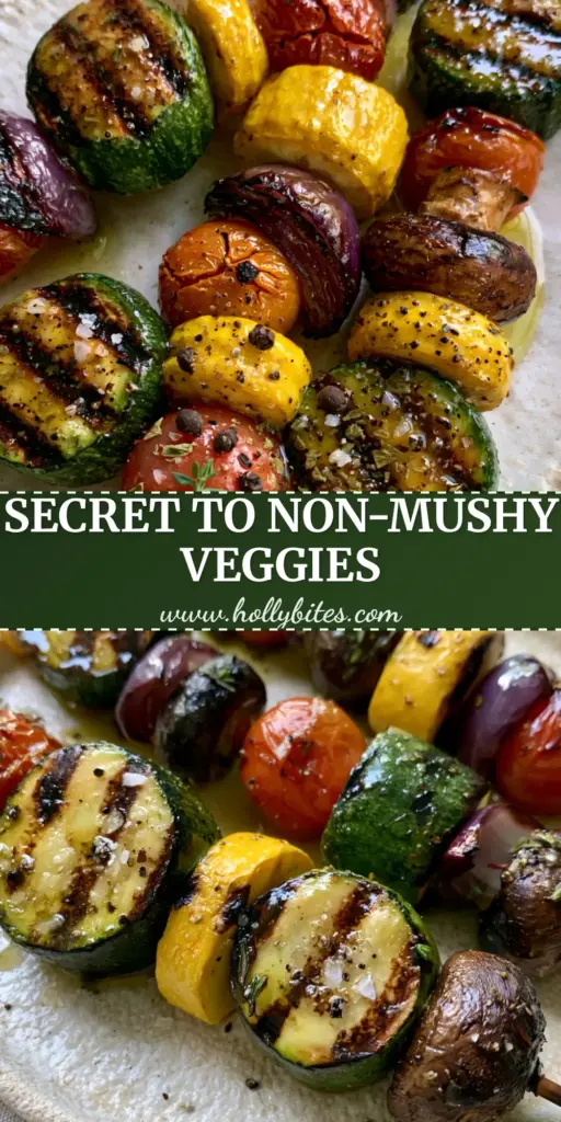 Four artisan Grilled Veggie Skewers with charred zucchini, blistered tomatoes, and purple onions on a white ceramic plate.