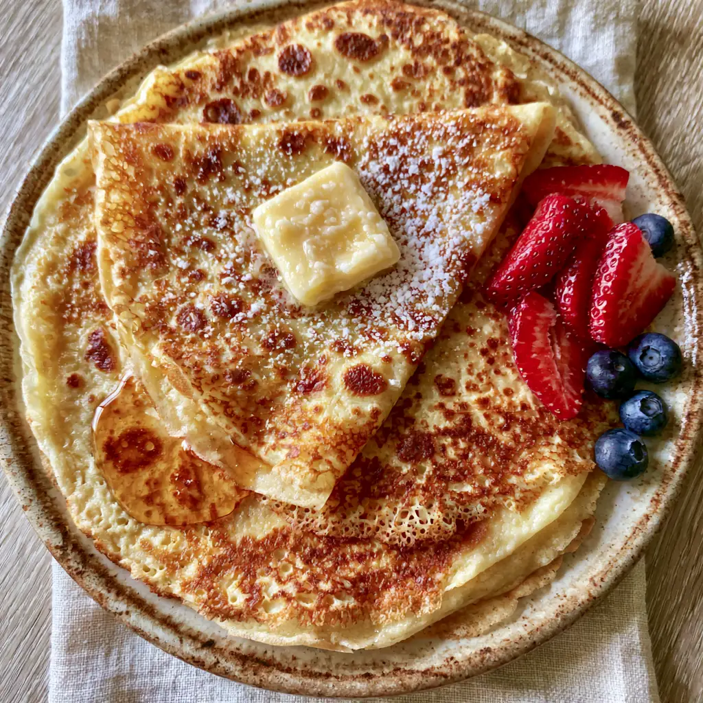 Top-down macro shot of French crepes with lacy edges, powdered sugar dusting, and a maple syrup drizzle under natural morning light.