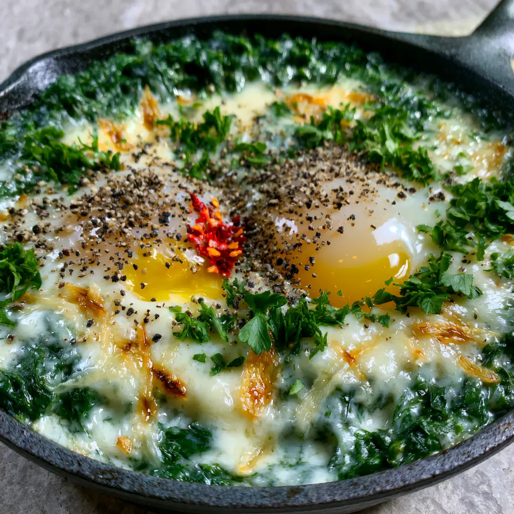 Creamy Spinach and Eggs: The Ultimate One-Pan Skillet Breakfast 1 Runny golden egg yolk breaking over a bed of emerald green spinach and creamy sauce.
