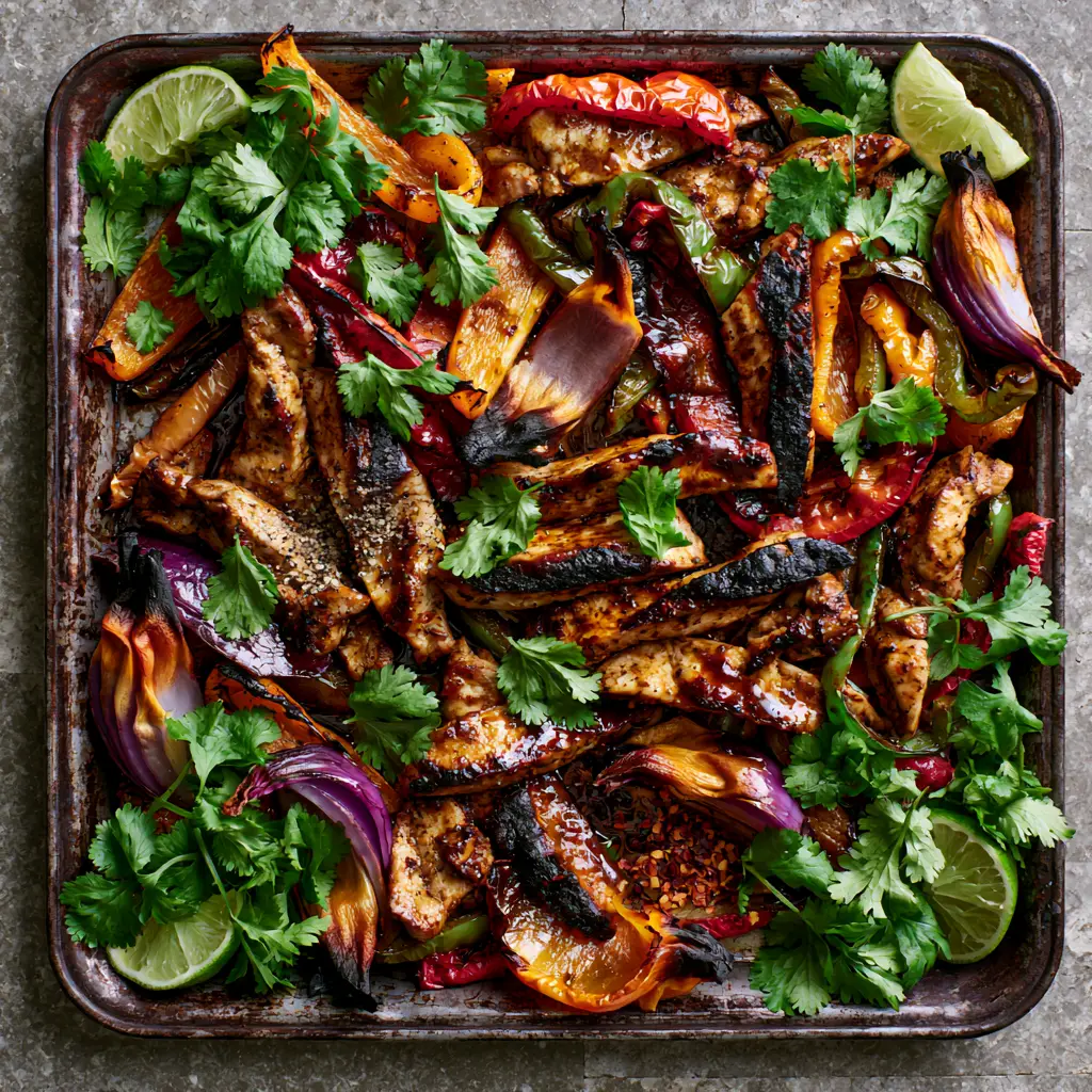 Sheet Pan Chicken Fajitas: The Ultimate Smoky One-Pan Dinner 2 Top-down view of charred chicken breast strips and blistered red, orange, and green bell peppers on a dark metal pan. (Sheet Pan Chicken Fajitas)