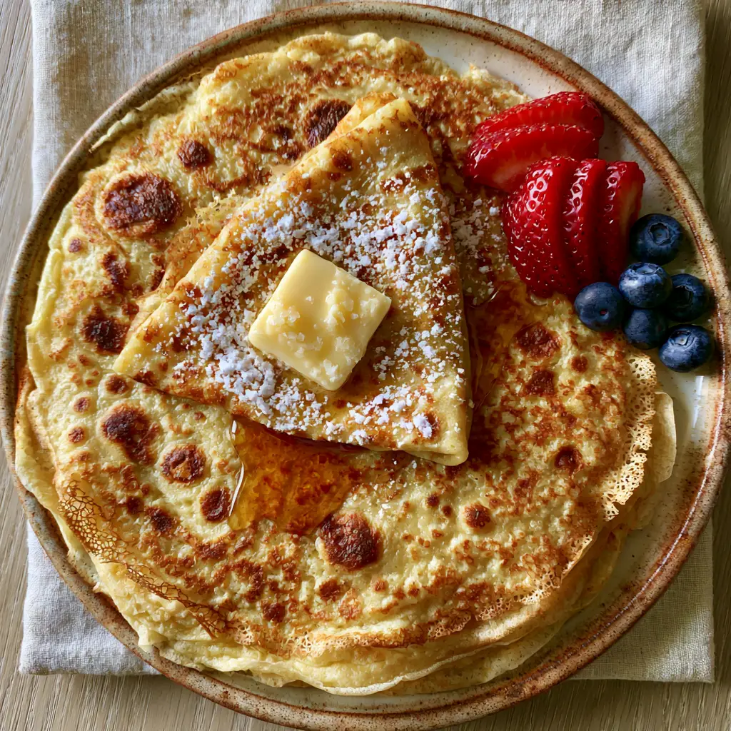 French crepes: The Ultimate Guide to Paper-Thin, Golden Leopard-Spotted Perfection 1 A stack of French crepes featuring beautiful mottled leopard spotting and vibrant blueberries scattered on a linen texture background.
