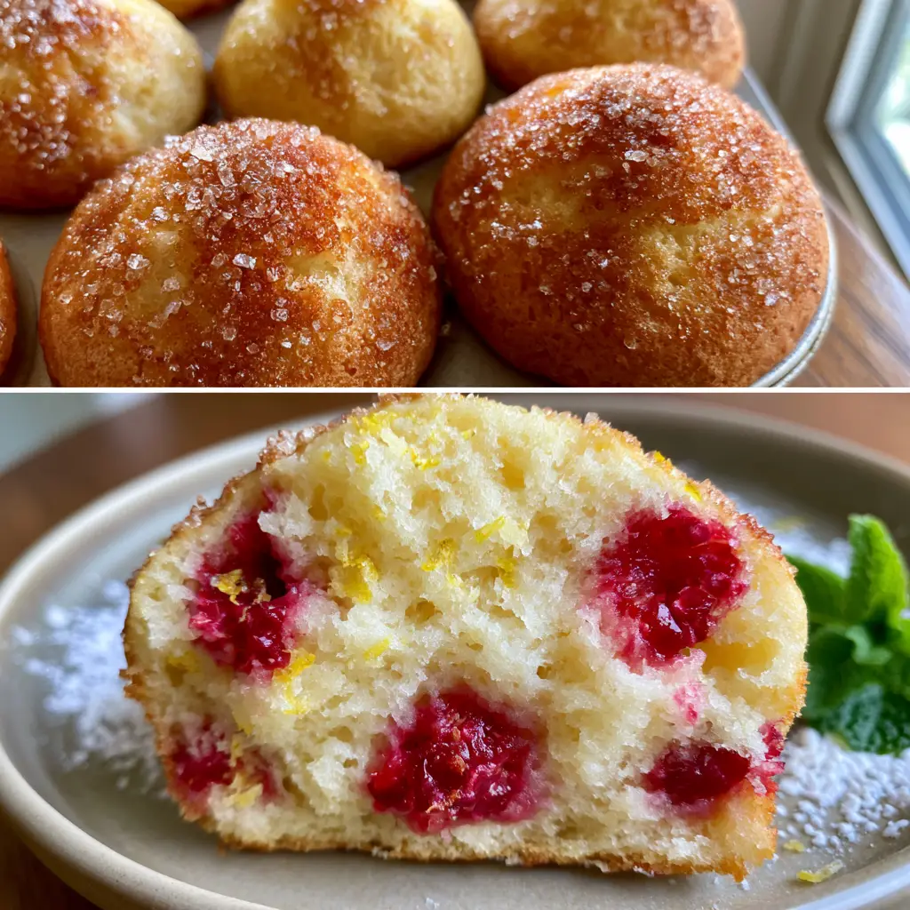 Raspberry Lemon Ricotta Muffins: The Ultimate Bakery-Style Recipe 2 Overhead view of six raspberry lemon ricotta muffins in a tin with sparkling sugar and golden crusts.