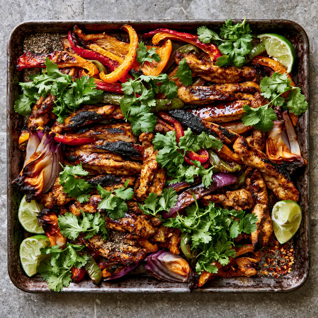 Sheet Pan Chicken Fajitas: The Ultimate Smoky One-Pan Dinner 1 Close up of caramelized red onion wedges and glistening chicken strips with fresh cilantro and red chili flakes.
