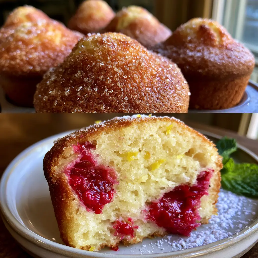 Raspberry Lemon Ricotta Muffins: The Ultimate Bakery-Style Recipe 1 Extreme close-up side-view of a raspberry lemon ricotta muffin torn in half, revealing a moist pale yellow crumb and red raspberries.