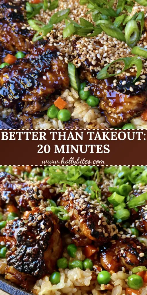 Teriyaki Chicken Fried Rice: The Ultimate Better-Than-Takeout Guide 3 A top-down shot of Teriyaki Chicken Fried Rice in a cast iron skillet with glazed chicken, sesame seeds, and scallions.