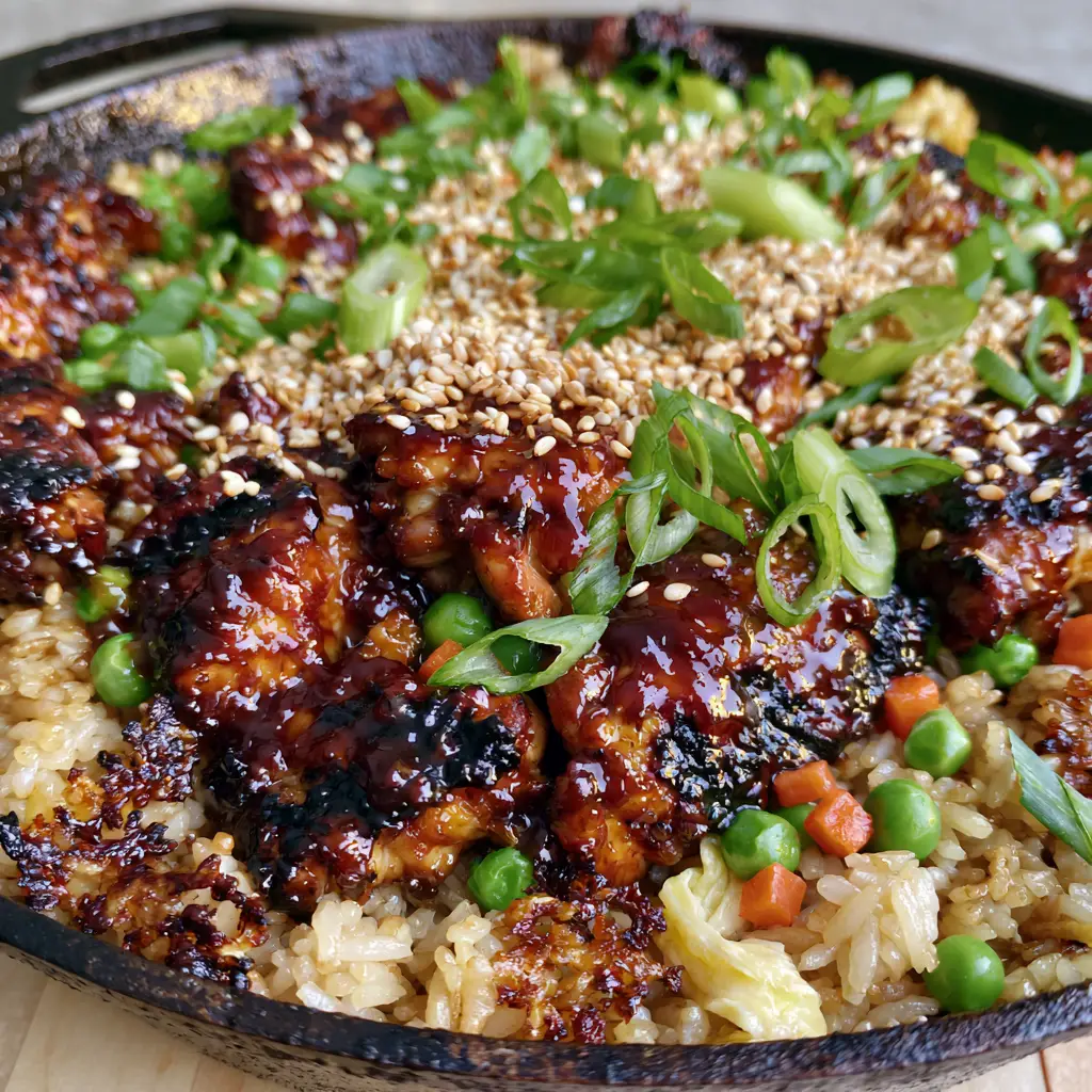 Teriyaki Chicken Fried Rice: The Ultimate Better-Than-Takeout Guide 2 Macro shot of Teriyaki Chicken Fried Rice showing charred chicken thighs, crispy rice bits, and green peas in a skillet.