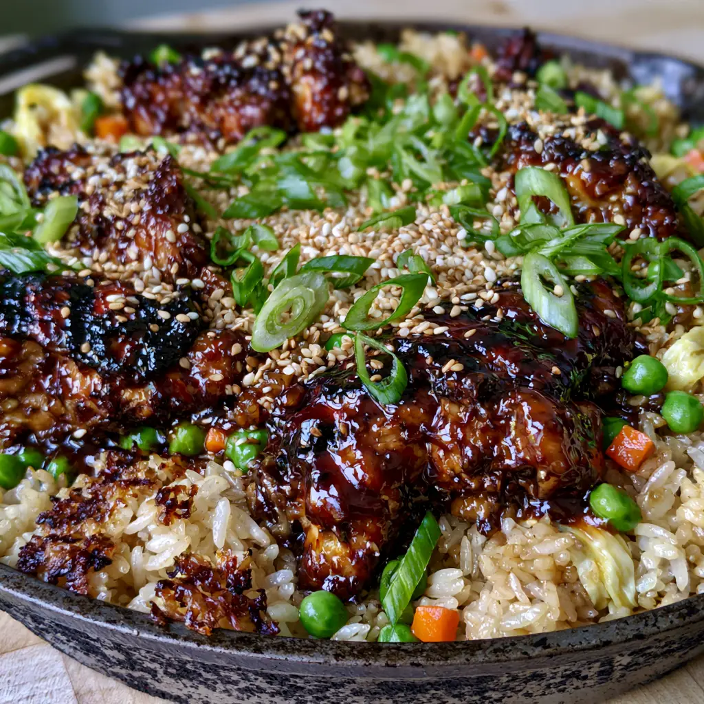 Teriyaki Chicken Fried Rice: The Ultimate Better-Than-Takeout Guide 1 Sizzling Teriyaki Chicken Fried Rice in a black cast iron skillet featuring golden rice and egg ribbons.