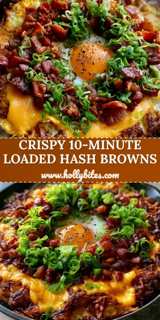 Loaded Hash Browns with Crispy Bacon and a Runny Egg 4 A top-down view of a cast iron skillet containing ultra-crispy Loaded Hash Browns topped with melted cheddar, crispy bacon bits, sliced scallions, and a runny sunny-side-up egg.