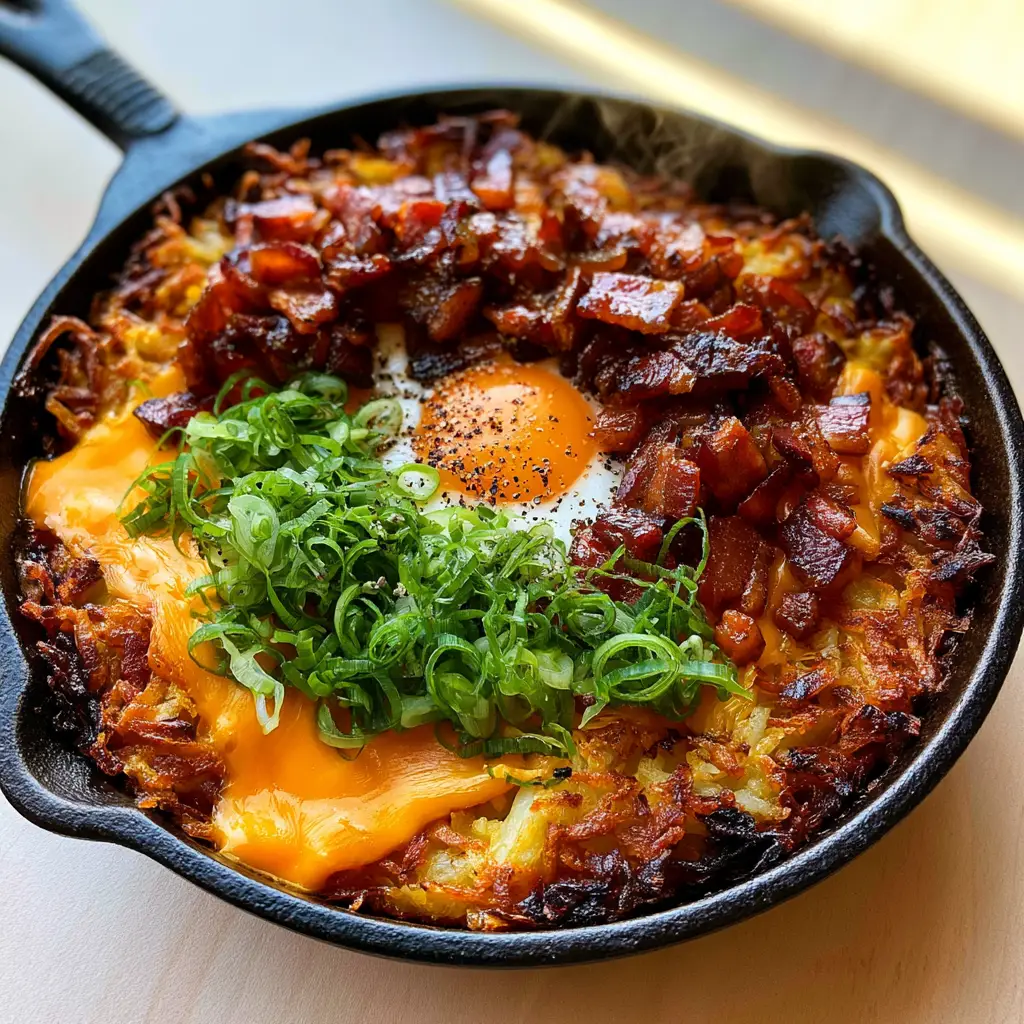 Close up of Loaded Hash Browns showing deep mahogany golden brown charred edges and bubbling orange cheddar cheese stretch.