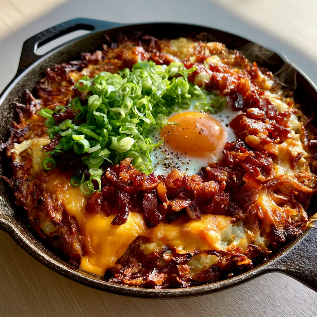 Loaded Hash Browns with Crispy Bacon and a Runny Egg 1 Steaming hot cast iron skillet with Loaded Hash Browns, glistening bacon, and a bright orange runny egg yolk in the center.