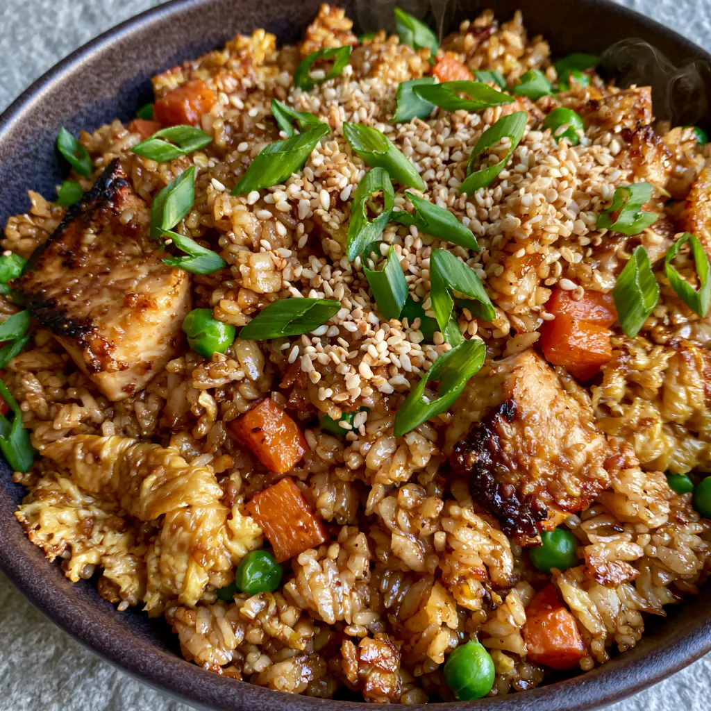 Chicken Fried Rice: The Ultimate Hibachi-Style Recipe with Soy Ginger Glaze 2 Macro view of glistening jasmine rice grains and dark seared chicken cubes. (chicken fried rice)