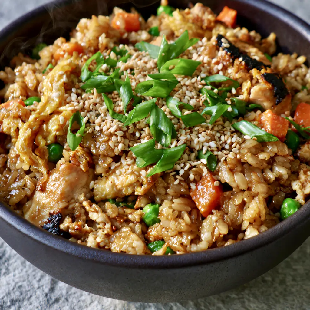 Chicken Fried Rice: The Ultimate Hibachi-Style Recipe with Soy Ginger Glaze 1 Spoonful of chicken fried rice showing golden egg ribbons and bright orange carrots. (chicken fried rice)