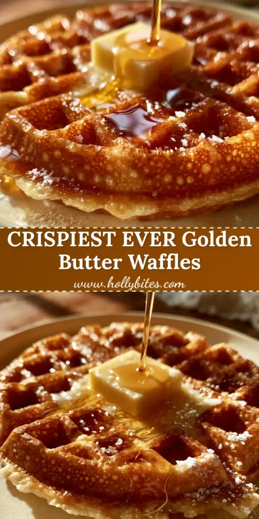 Golden Butter Waffles: The Ultimate Crispy Belgian Recipe 4 A stack of deep golden butter waffles with melting salted butter and pouring maple syrup on a rustic table.