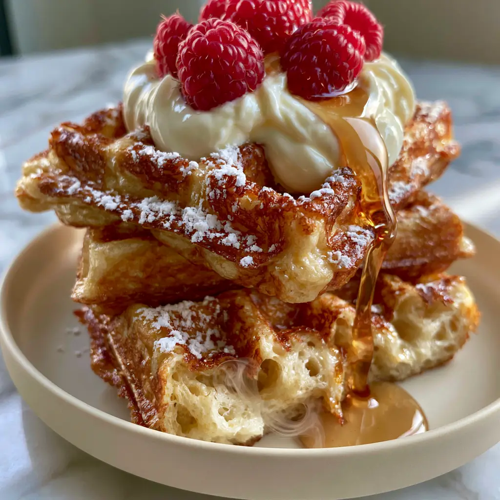 Greek Yogurt Waffles: How to Make the Fluffiest Golden Belgian Waffles 1 A stack of Belgian waffles with a glossy maple syrup drip catching the light on a marble countertop.