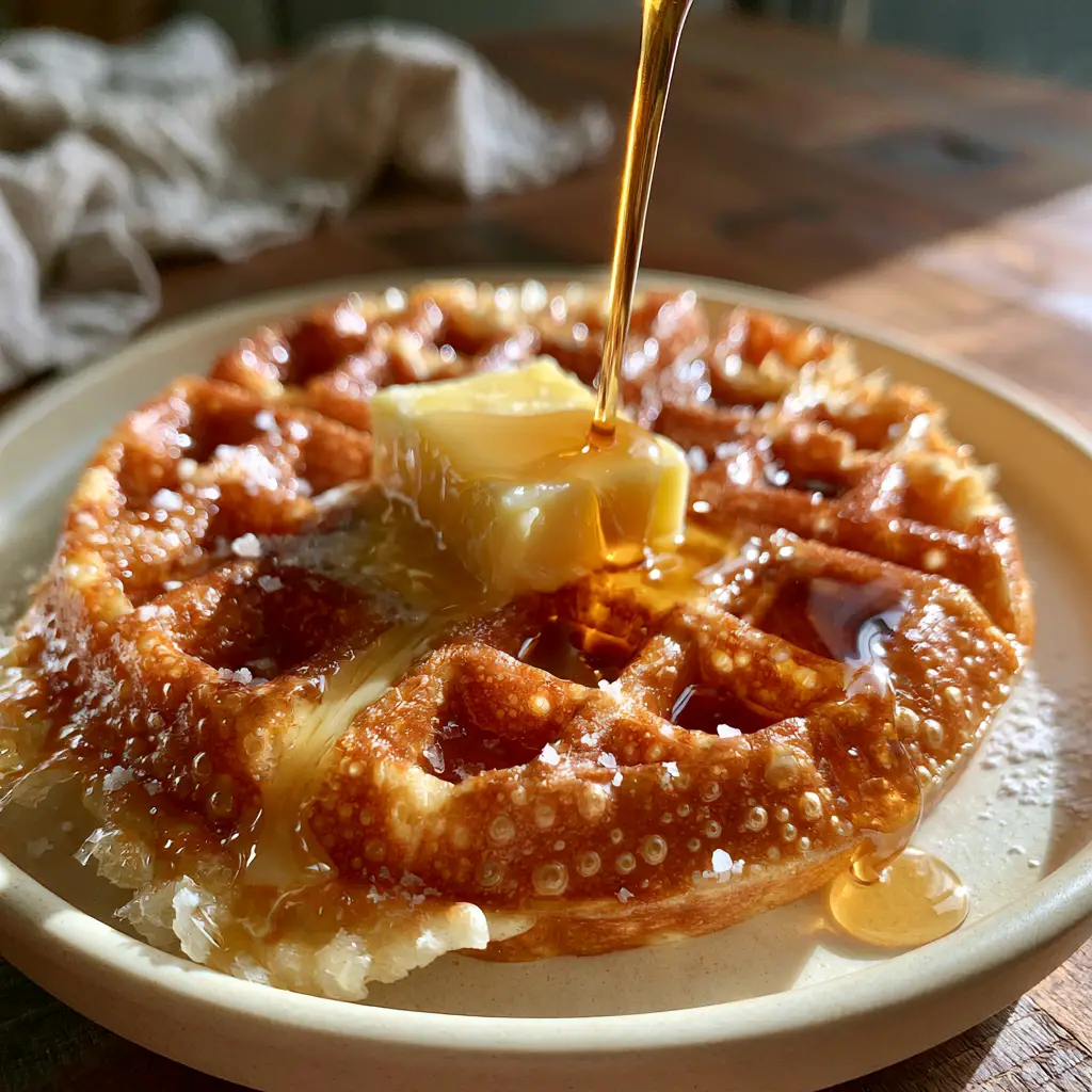 Extreme close-up of golden butter waffles showing micro-bubbles and shattered-glass texture on the ridges.