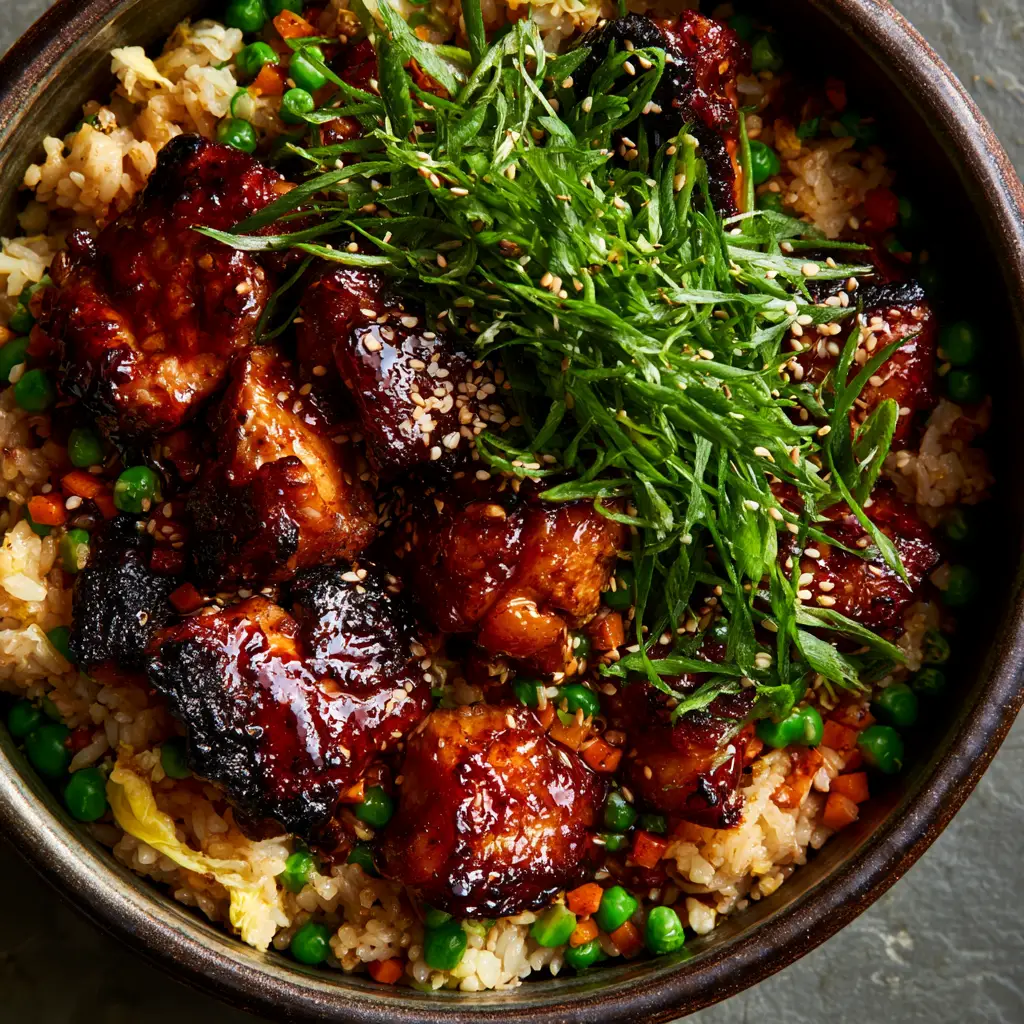 Japanese BBQ Chicken Fried Rice with Glossy Mahogany Glaze 2 Macro top-down view of charred chicken thighs with a dark mahogany Japanese BBQ glaze over short-grain rice. (japanese bbq chicken fried rice)