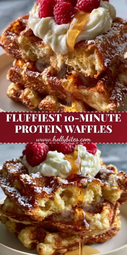 Greek Yogurt Waffles: How to Make the Fluffiest Golden Belgian Waffles 4 A stack of three thick Greek yogurt waffles topped with white yogurt, red raspberries, and maple syrup on a cream plate.