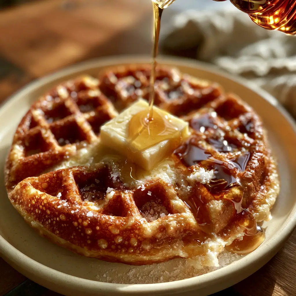 Golden Butter Waffles: The Ultimate Crispy Belgian Recipe 1 Amber maple syrup pouring over a golden butter waffle with a melting slab of salted butter.