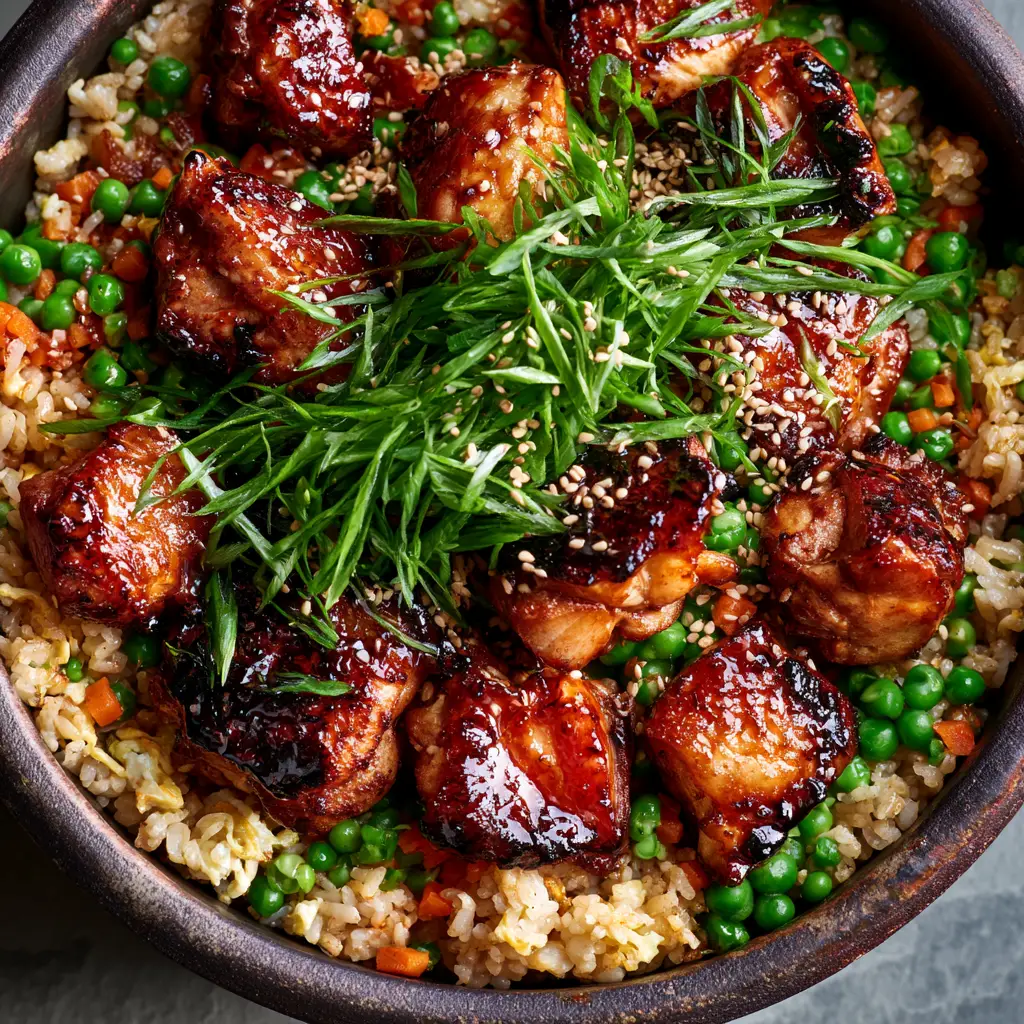 Japanese BBQ Chicken Fried Rice with Glossy Mahogany Glaze 1 Rustic dark stoneware bowl overflowing with Japanese BBQ chicken fried rice garnished with sesame seeds and scallions. (japanese bbq chicken fried rice)
