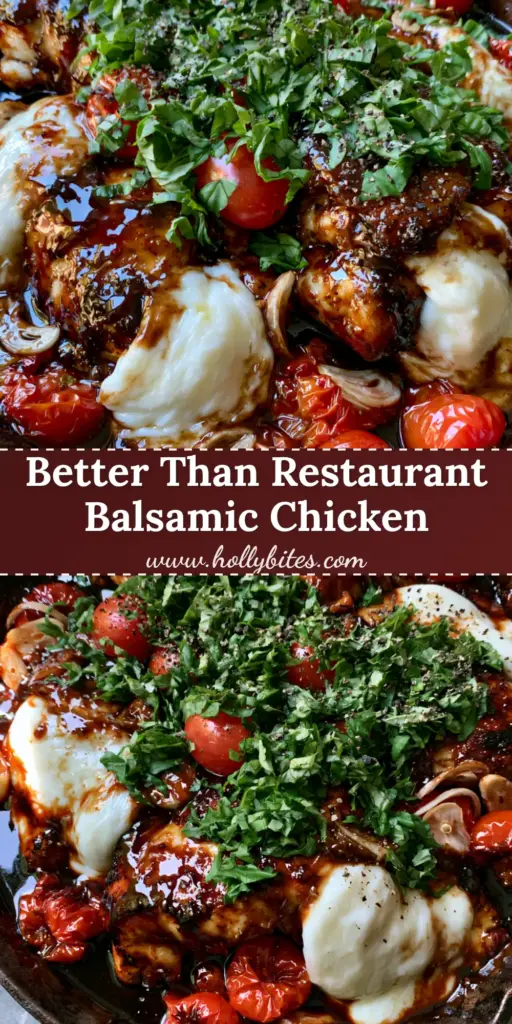 One Pan Balsamic Chicken with Melted Mozzarella and Blistered Tomatoes 3 A top-down view of One Pan Balsamic Chicken in a cast iron skillet with melted mozzarella and blistered tomatoes.