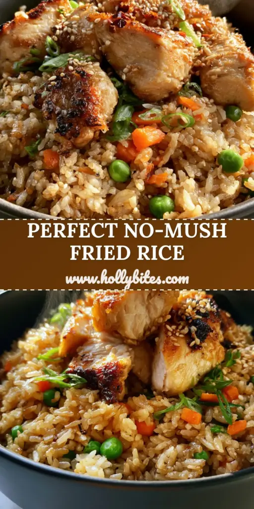 Chicken fried rice with Golden Grains and Crispy Seared Chicken 4 A close-up vertical shot of Chicken fried rice in a charcoal bowl, featuring golden rice grains, charred chicken chunks, and vibrant peas.