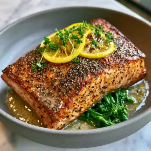 Hyper-realistic close-up of a succulent Lemon pepper salmon fillet with golden-brown edges and glossy sauce.