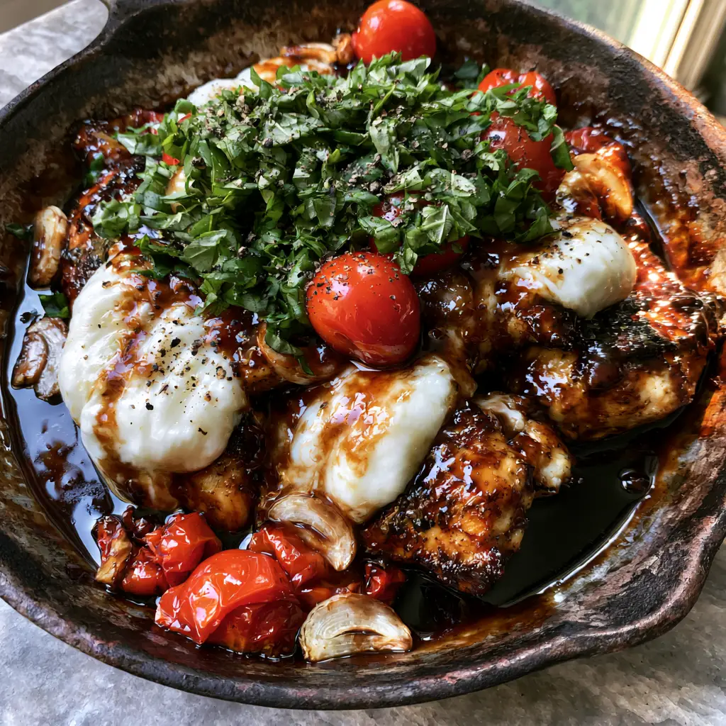 One Pan Balsamic Chicken with Melted Mozzarella and Blistered Tomatoes 2 High-angle smartphone photo of seared chicken breasts with mahogany glaze, garlic, and cherry tomatoes in a black skillet. (One Pan Balsamic Chicken)