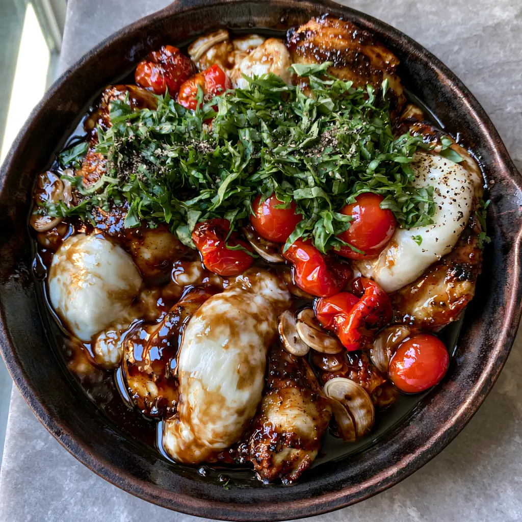 One Pan Balsamic Chicken with Melted Mozzarella and Blistered Tomatoes 1 Close-up of melted mozzarella cheese draped over balsamic glazed chicken with fresh basil garnish. (One Pan Balsamic Chicken)