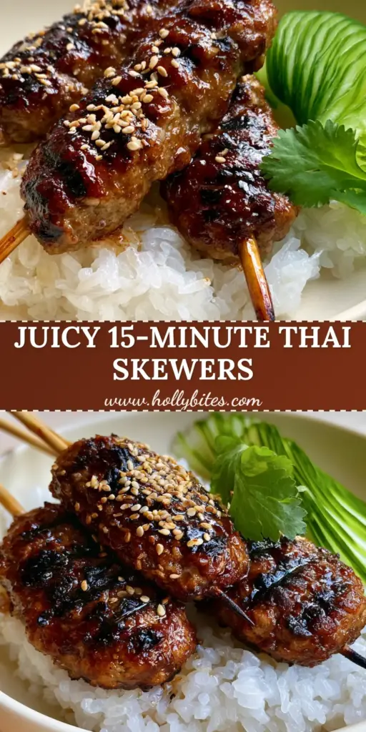 Thai-style ground pork skewers with Glossy Honey-Soy Glaze 4 Three mahogany Thai-style ground pork skewers resting on a bed of translucent sticky rice with cucumber slices and cilantro garnish. (Thai-style ground pork skewers)