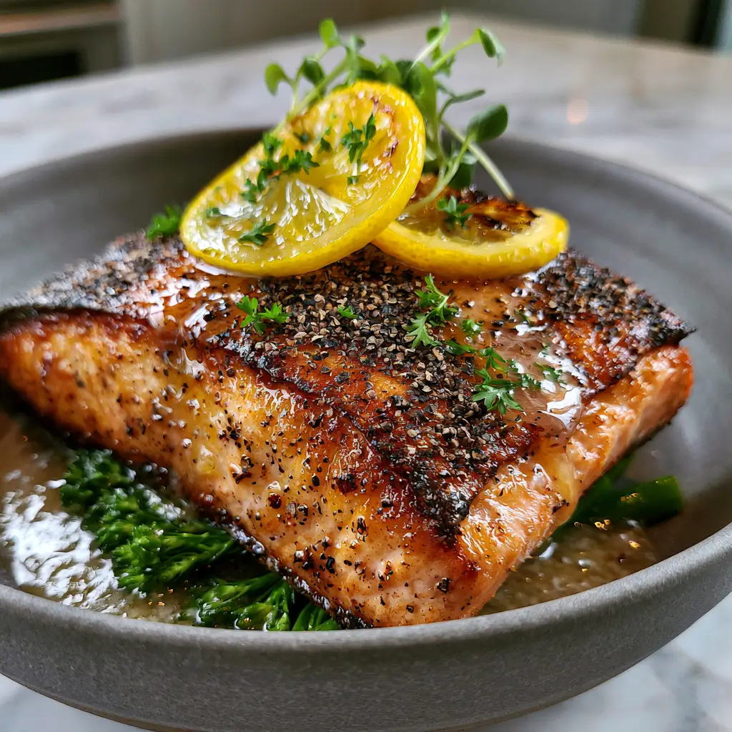 Lemon Pepper Salmon with Glistening Garlic Butter and Charred Lemons 1 Lemon pepper salmon topped with charred lemon wheels and coarse black pepper sitting on a bed of broccolini.